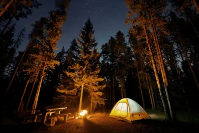 a camping tent with bonefire in a jungle